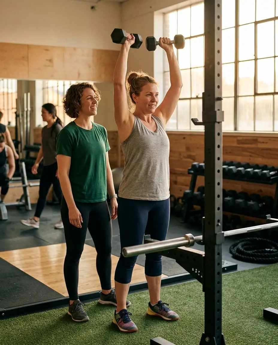 A person pressing dumbbells overhead beside a training partner in a gym