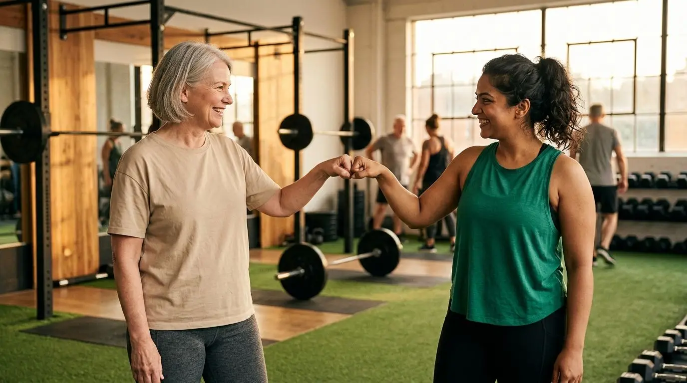 Two Valdes Performance members celebrating together after a strength workout in the studio